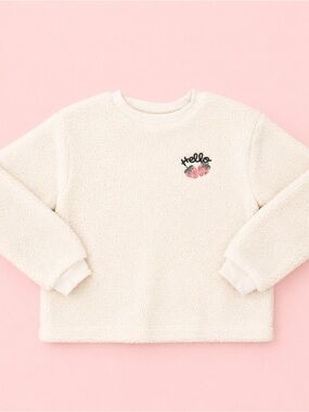 H&M NWOT Girl Sherpa Cozy Layering Sweater 🍓 Minimalist Embroidery Sz 4-6